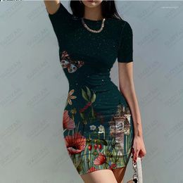 Partykleider 2023 Sommer Damenkleid 3D-Druck Farbverlauf Blumentemperament Sexy Hawaiianischer Stil Enger Rundhalsausschnitt Kurzarm