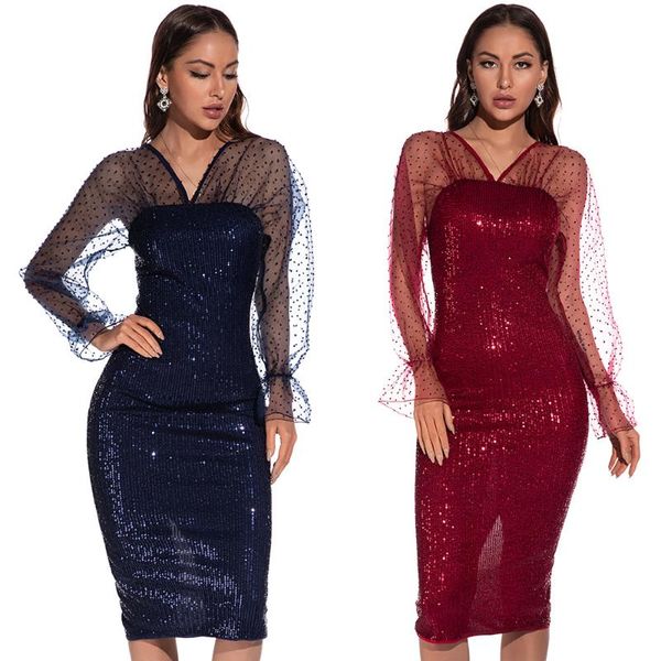 Vestidos de fiesta 2023 moderno de malla sexy de manga larga dama elegante de gran tamaño lentejuelas Slit Slim Bodycon Blue PROM ROBE