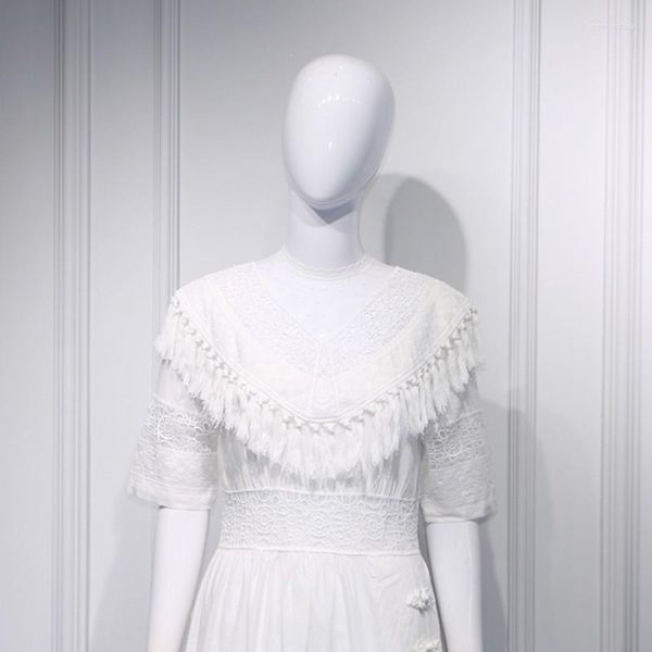 Robes de soirée 2023 Blanc Gland Dentelle Été Femmes Bohème Plage Style Vacances Maxi Robe Mode Mince Demi Manches Longues