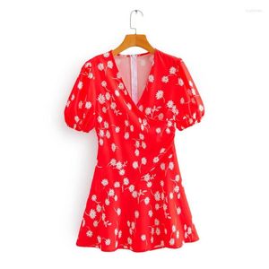 Vestidos de fiesta 2023 mujeres elegante cuello en V cruzado manga farol estampado Floral rojo vestido ajustado señoras Chic estilo campestre Casual Mini Vestidos