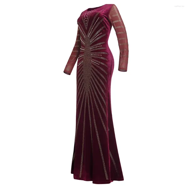Robes de soirée 2023 femmes élégantes col rond perceuse robe de soirée sirène velours à manches longues longueur de plancher musulman