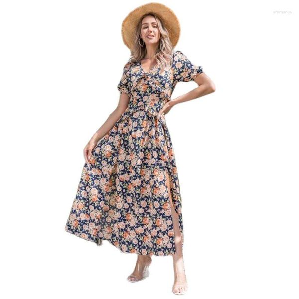 Vestidos de fiesta 2023, vestido largo de verano con flores estampadas para mujer, vestido Sexy con cuello en V para vacaciones en la playa, ropa de Europa y América