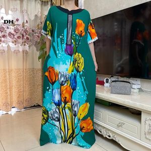 Robes de fête 2024 Robe à manches courtes Arrivée 2 pièces African Dashiki Floral Print plus taille Cotton Caftan Lady Summer Maxi Casual Abaya