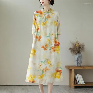 Robes de soirée 2024 Arrivée mince léger doux col montant perles mode style chinois robe d'été imprimé floral vintage femmes décontractées