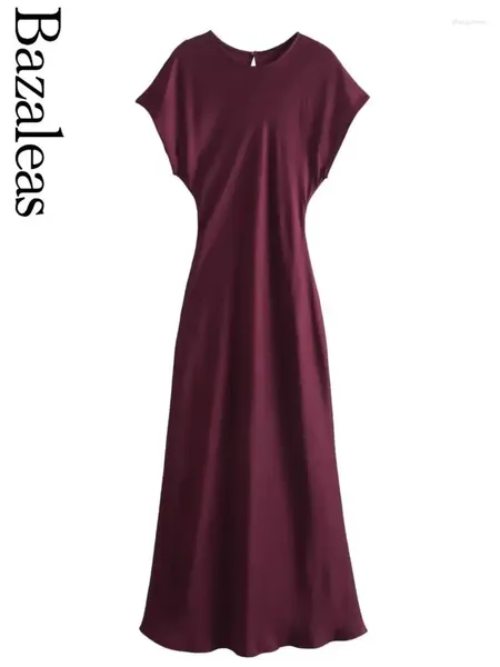 Robes de fête 2024 Bazaleas Vin élégant Robe midi en satin rouge sexy comme soie longue pour les femmes soirée de mode