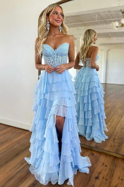 Vestidos de fiesta 2024 Hermosa luz/azul real A-Line Sweetheart Strapless Lace Long Lace and Chiffon Prom Vestido con hendidura