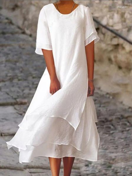 Robes de soirée 2024 Casual Maxi Longue Robe Blanche Femmes Mode Deux Couches Fente Manches Courtes O Cou Tuniques D'été