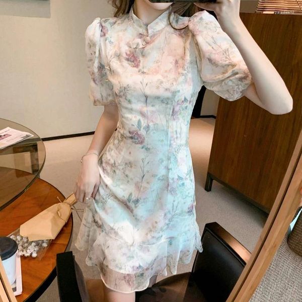 Robes de fête 2024 Style chinois Floral mousseline Summer Summer Vintage Corée Short Sexy Mini robe Bodycon Contes Elegant Vestidos