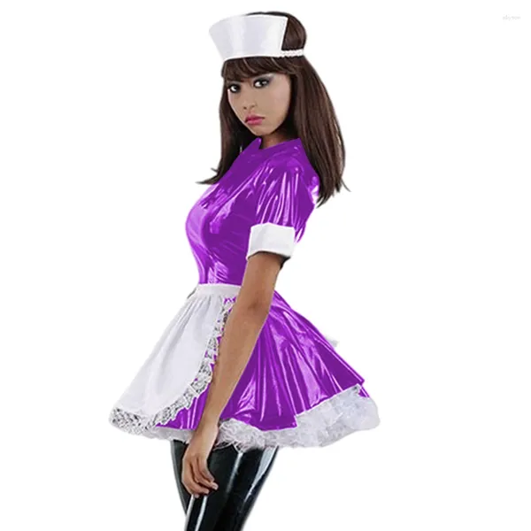 Robes de fête 2024 mignon lolita haid cuir pvc robe girls bel Cosplay costume show tenfit club sissy mini avec tablier en dentelle