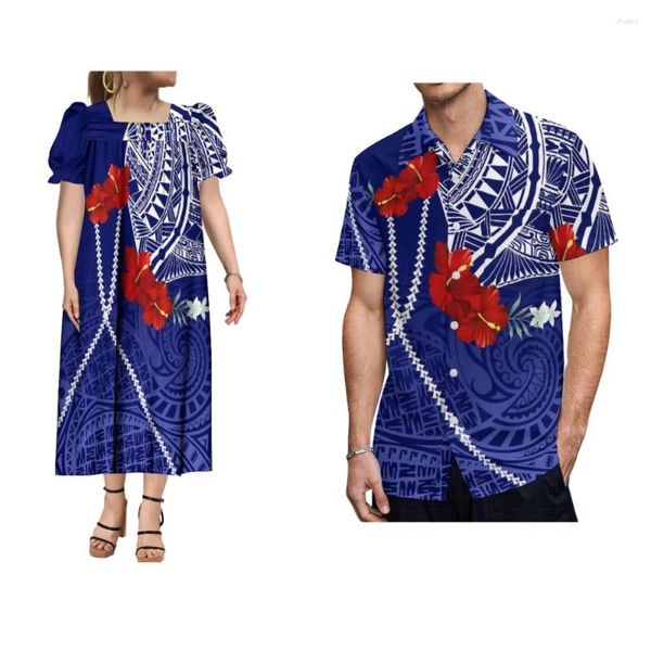 Robes de soirée 2024 Design personnalisé Jupe longue pour femmes Chemise pour hommes Été à manches courtes Motif d'art tribal polynésien Couple Vêtements