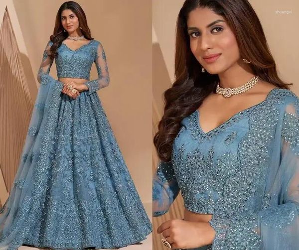 Vestidos de fiesta 2024 bordado cielo azul lengha princesa lehenga choli baile de graduación formal con deformación de manga larga pálida