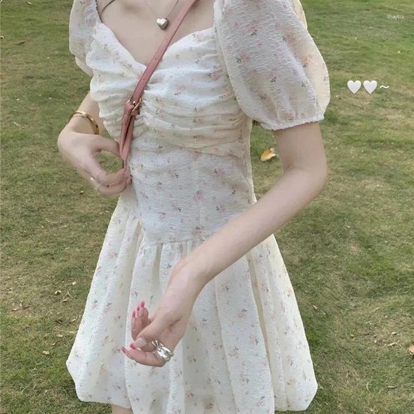 Vestidos de fiesta 2024 Vestido floral para mujeres Summer Sweet Sweet Bubble Manga Falda de manga corta A-Line Mini Y2K Ropa