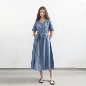 Robes de fête 2024 en lin en coton élégant pour les femmes sexy en V single streetwear bureau de strewear dame long