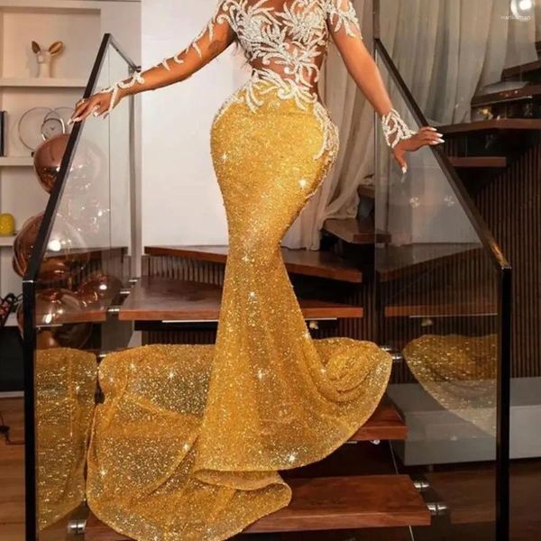 Vestidos de fiesta 2024 Aplicación de encaje Noche de oro Mujeres de lentejuelas Vestidos de lujo Mermaid Gods Farmal Prom Gowns Celebrity Gala