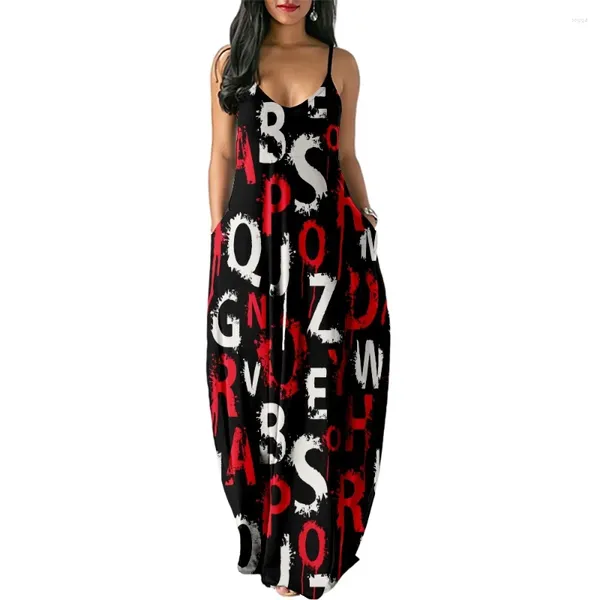 Robes de soirée 2024 Lettres Imprimer Femmes Casual Manches Courtes Robe Camisole Lâche Longue Double Poche Beach Resort Robe-Femme