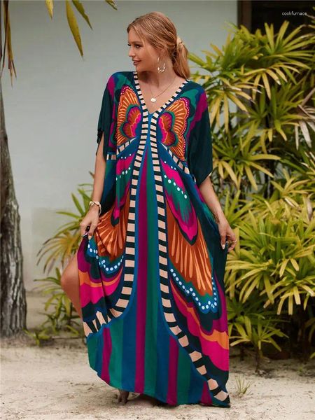 Robes de fête 2024 Kaftan Bohemian Bohemian Imprimé en V Ve manche maxi pour femmes pour femmes