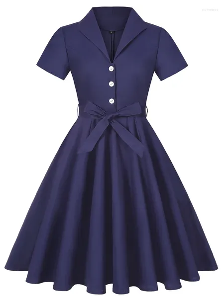 Robes de fête 2024 Navy Blue Summer Vintage Rockabilly Robe des années 1950 Travail une ligne de piste de pin-up rétro à manches courtes à manches courtes à manches courtes