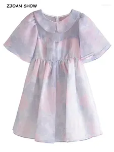 Robes de fête 2024 Princesse Tie Dye Imprimé floral Organza Robe Robe Collière Puff Sleeve Femmes Swing Mini Fairy Robe Vestidos