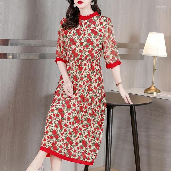 Robes de soirée 2024 Rouge Floral Bodycon Soie Naturelle Midi Robe De Bal D'été Vintage Satin Imprimé Robe D'été Femmes Élégantes Robes De Soirée