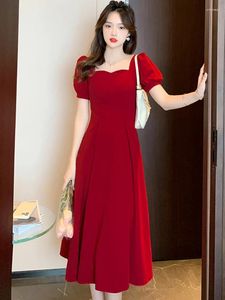 Feestjurken 2024 Red Red Short Sleeve Bow Chic Prom Midi Dress Women Elegant Bodycon Evening Summer Koreaanse Vintage Black Maxi