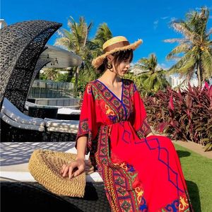 Vestidos de fiesta 2024 Summer Bohemian Beach Holiday Dress Women Women V-Chozo de manga corta Tailandia México Impresión suelta casual