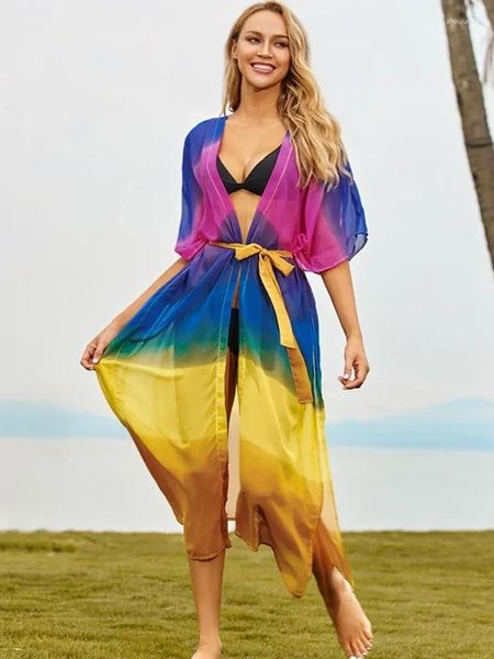 Vestidos de fiesta 2024 Summer Bohemian Chiffon Colored Kimono For Women Causal Long Beach Dress Beachwear Cardigan Q1180