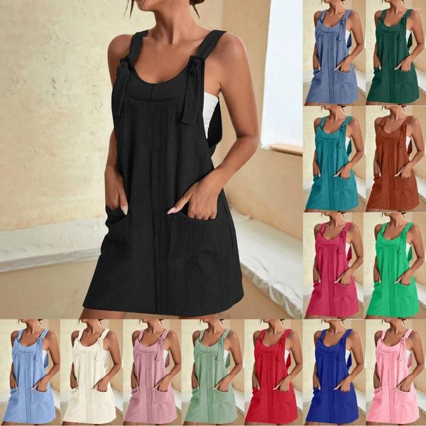 Vestidos de fiesta 2024 Verano Correa de cadena Diseño de bolsillo Mono anudado Mujeres Casual Sweetheart Neck Plain Manga corta Daily Romper