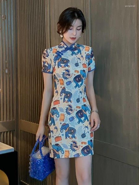 Robes de soirée 2024 Robe d'été Femmes Mignon Style Chinois Amélioré Qipao Mini Robes Boucle Dessin Animé Fille Ludique Slim Slit Cheongsam