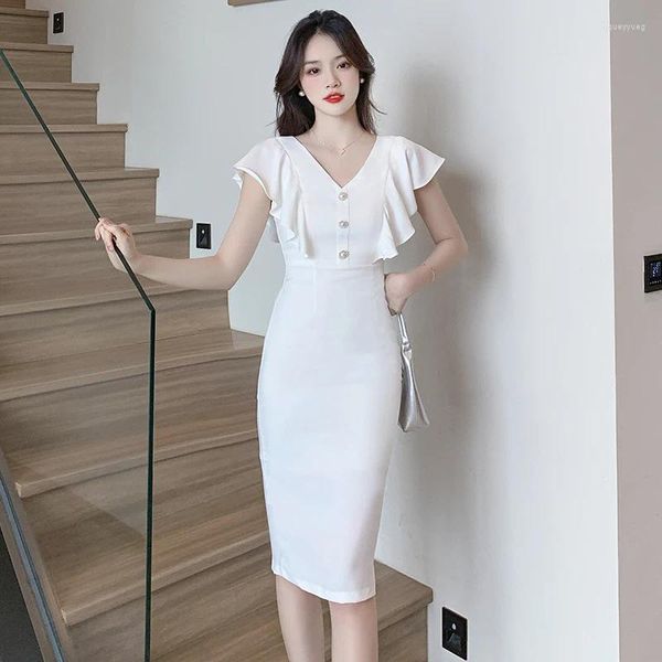 Vestidos de fiesta 2024 Moda de verano Vestido formal Blanco y negro Manga con volantes Lápiz simple Elegante Slim Bodycon Office Lady