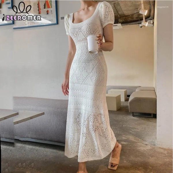 Vestidos de fiesta 2024 Summer Fashion White/Negro Hollow Out Mermaid Dress Women Square Puff manga Sweater Midi Vestido