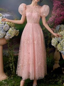 Robes de soirée 2024 été en rose paillettes manches bouffantes robe de bal douce conception de niche princesse fée tulle soirée col rond mi-mollet