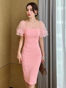 Feestjurken 2024 Zomer Midi -jurk voor vrouwen Elegante zoete blauw roze bubbel mouw Beading Skinny Split Robe Lady Date Holiday Vestido