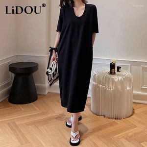 Feestjurken 2024 Zomer Oversize Effen Kleur Ronde Hals Korte Mouw T-shirt Jurk Vrouwen Elegante Mode Losse Casual Straight