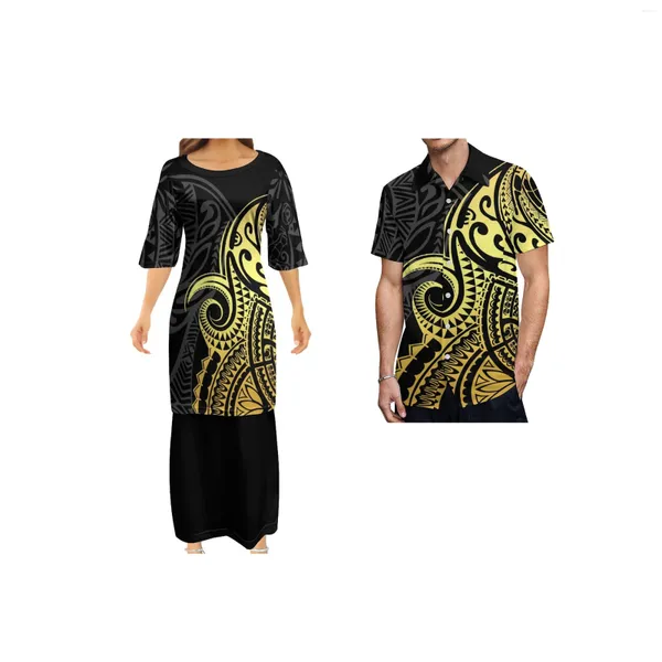 Robes de soirée 2024 Summer Samoa Puletasi Tatau Modèle Maxi Robe Demi-manches Haut Jupe Costume Chemise Courte Pour Hommes