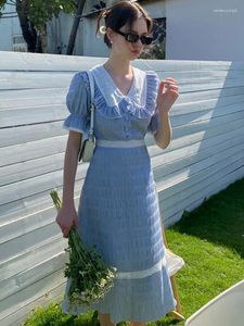 Feestjurken 2024 Zomer Korte Mouw Kanten Geruite Jurk Vrouw Franse Elegante Een Stuk Koreaanse Casual Vintage Midi Slanke Boog