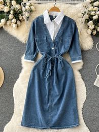 Robes de fête 2024 Été Vintage Fashion Denim robe Femme Patchwork Design Jean Long Lady Elastic Wemon Vestido Rober