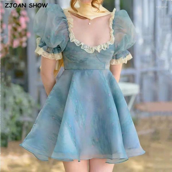 Robes de fête 2024 Sweet Princess aqua tie-dye imprimement orgue robe robe robe en dentelle épisnée à manches bouffantes