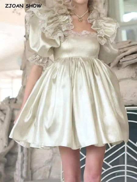 Robes de fête 2024 Sweet Princess Bright Faux Silk Robe Robe Splice Ruffles Half-Puff Sleeve Femme Fairy Mini Robe