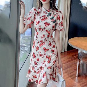 Party Jurken 2024 Vrouwen Zomer Vintage Korte Verbeterde Cheongsam Jurk Rose Bloem Slanke Taille Mini Fishtail Trui Zonnejurk