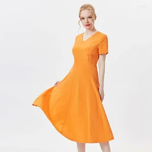 Robes de fête 36 m / m Silk de bonne qualité Orange V-Neck Office A-Line Lady Femmes Short Manches Summer Maxi pour A9282