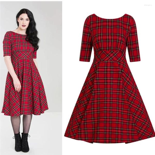 Vestidos de fiesta 40- Verano Mujer Vintage 50s Tartan Boat Neck 1/2 Manga Swing Vestido en rojo Rockabilly Pinup Vestidos Tallas grandes Jurken