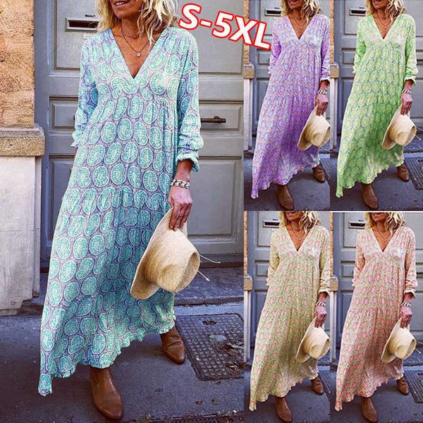 Robes de soirée 5XL grande taille grande taille bohème maxi femmes 2023 printemps été à manches longues décontracté lâche col en V robe élégante 4xl Y2303