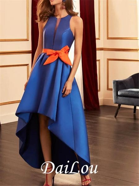 Robes de soirée Trapèze Bloc de Couleur Élégant Invité de Mariage Robe de Soirée Formelle Dos Nu Sans Manches Asymétrique Satiné Avec Noeud(s) 2023