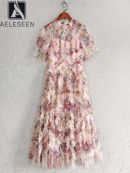 Robes de fête aeleseen designer mode robe d'été femme manches courtes volants en maille imprimé fleuris