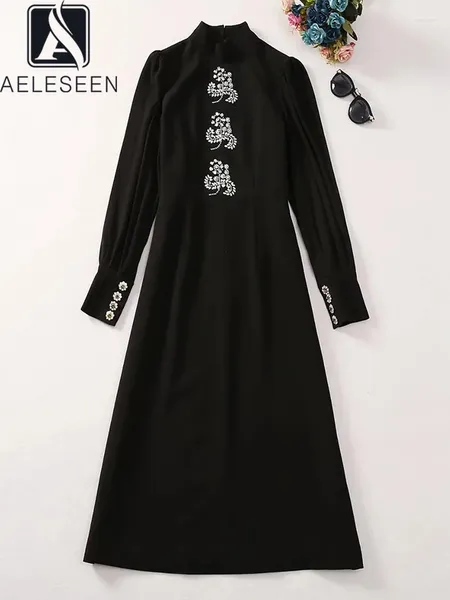 Robes de fête Aeleseen Vintage Black Long Robe pour les femmes en col roulé d'hiver automne de haute qualité diamants élégants