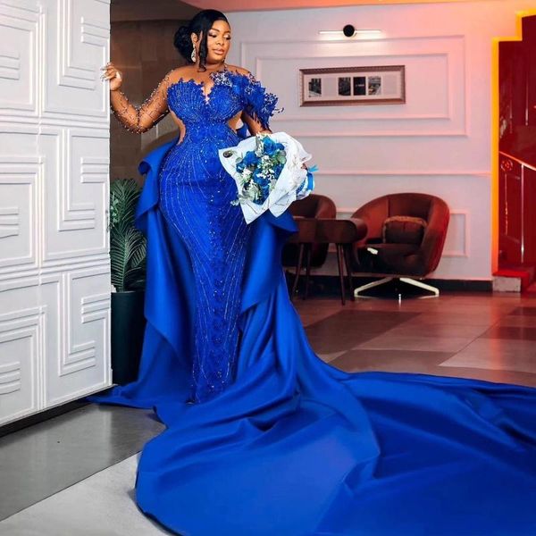 Vestidos de fiesta African Royal Blue Beade Lace Mermaid Wedding Weddings con tren desmontable ASO Shiny Ebi Long Prom mangas llenas