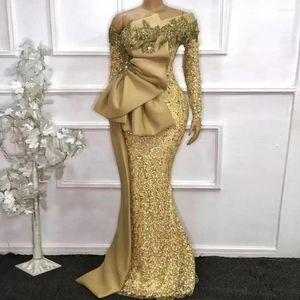 Feestjurken Afrikaanse vrouw plus size size size kant lange mouwen lange mouwen zeemeermin glitter gouden jurk pailletten applique boog taille prom jurken