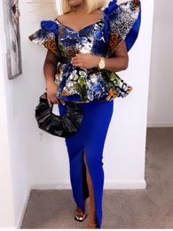 Robes de soirée Femmes Africaines Vintage Imprimer Robe Hors Épaule Avant Fente Tunique Rétro Floral Bleu Élégant Grande Taille Club Événement Porter 221123
