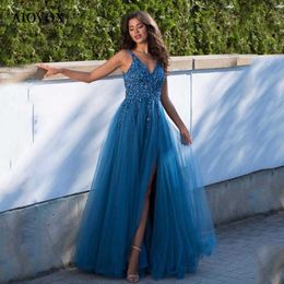 Feestjurken aiovox prinses tulle avondjurken met pailletten v-neck mouwloze formele feestjurken gesplitst mode elegant vestidos de noche w0428