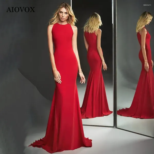 Robes de soirée AIOVOX Rouge tache sirène soirée 2023 simple col rond sans manches plissé trompette robe de bal longueur de plancher robes de noche